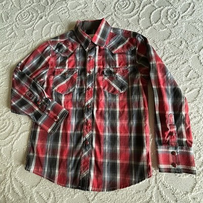 Ace of Diamond Boys Western Plaid Snap-Up Shirt Red Black Gray Sz 10 Cowboycore