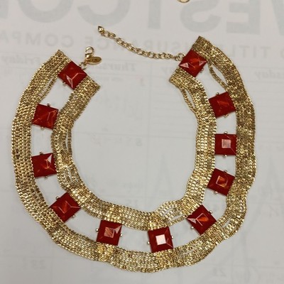Vintage Arnold Scaasi Gold Tone Collar Necklace Red Square Accents