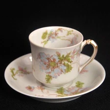 Haviland Demitasse Cup & Saucer Pastel Blue Poppies w/Gold on Handle 1894-1931