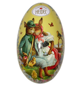 GERMAN Heidel EASTER Bunny EGG Candy Container Anthropomorphic RABBITS Litho Tin