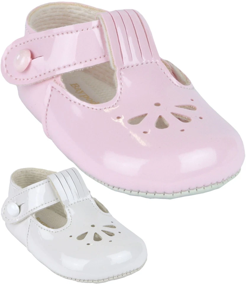 BabyPrem Baby Girls Pram Shoes Classic Fan T-Bar White Pink Baypods 0 -18 months