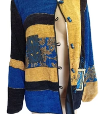 ALLURE Sz M WOMEN'S PATCHWORK Mixed fabrics satin lined JACKET blue gold black