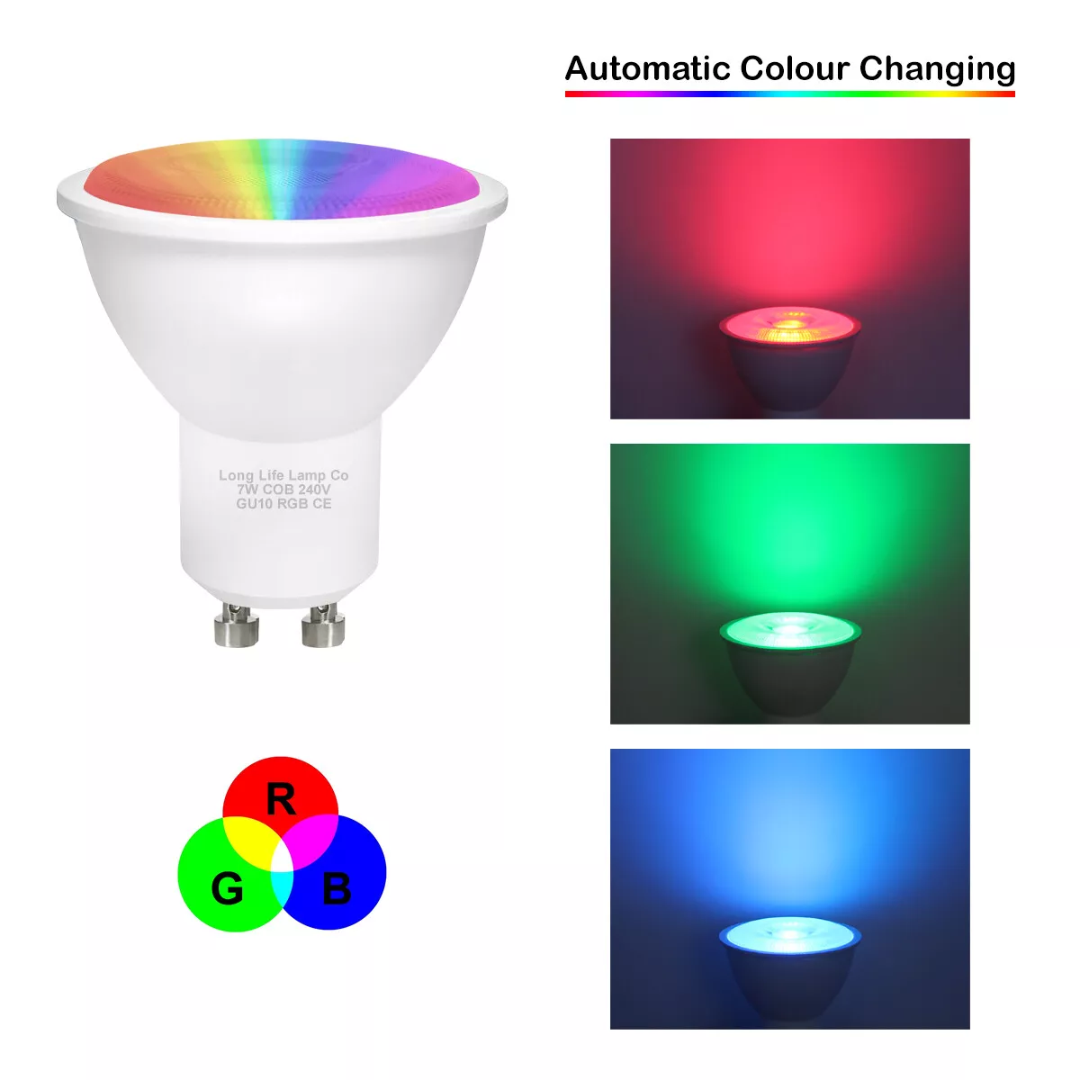 2 x 7W LED GU10 Automatic Colour Change Red Green Blue RGB Flash Light Bulb 5055875575929 |