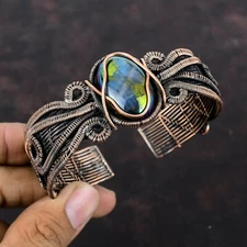 Mystic Fire Labradorite Copper Gift For Briedsmaid Wire Wrapped Adjustable Cuff