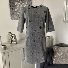 Silver Star Print Sparkly Lurex Round Neck Half Sleeve Mini Dress L 10-12