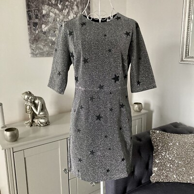 Silver Star Print Sparkly Lurex Round Neck Half Sleeve Mini Dress L 10-12