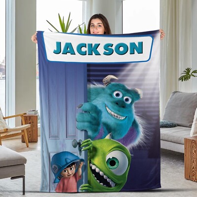 Cute Monster Inc Blanket, Personalized Cartoon Blanket, Baby Name Blanket, Monst