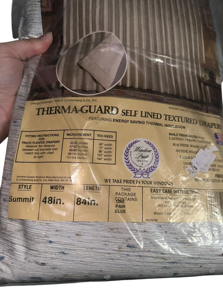 Vintage Therma-Guard Self Lined Drapery One Pair Blue 48”x84 Made In USA Texture - Image 2 of 4