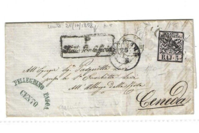 POSTAL HISTORY - 1858 PONTIFICAL STATE 5 BAJ FROM 100 25/10 TO CENEDA F/307