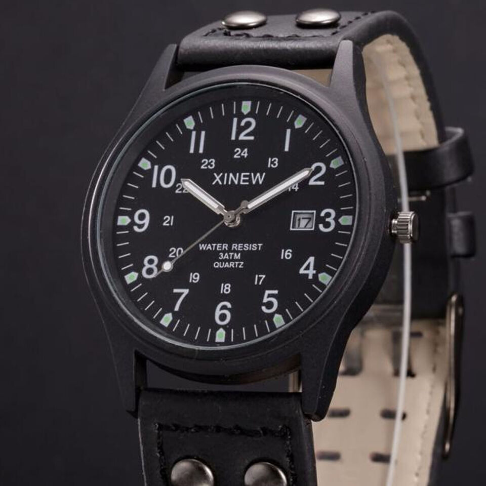 XINEW Classic Men's Waterproof Date Leather Strap Sport Quartz Army Wristwatch