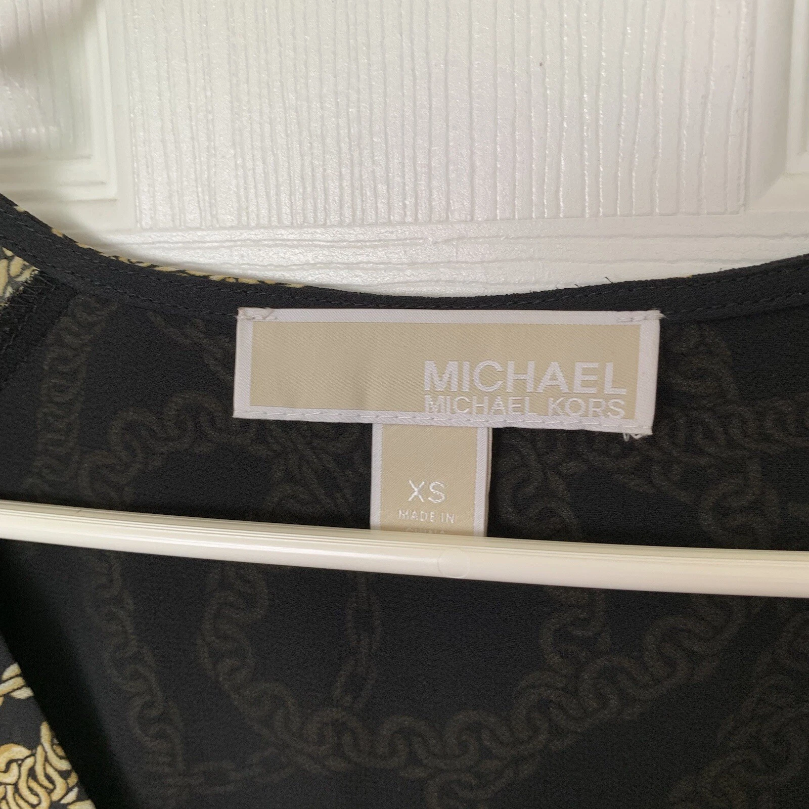 Abito Michael Kors XS nero oro stampa catena slinky chiffon maniche lunghe