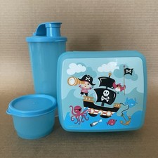 Tupperware Niños Piratas Juego de Almuerzo 3 Piezas Sandwichero, Vaso Snack Cup Azul