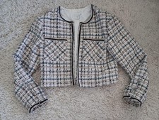 House of Harlow 1960 Tweed Boucle Cropped Jacket Womens M White Black Trim Lined