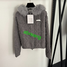 Detachable fur collar long sleeved hooded knitted cardigan short jacket women