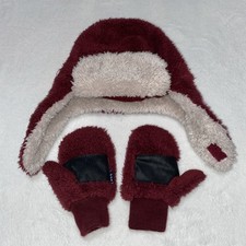 Baby GAP Sherpa Trapper Hat Set Burgundy Red White Gloves Winter Small 2-3 Year