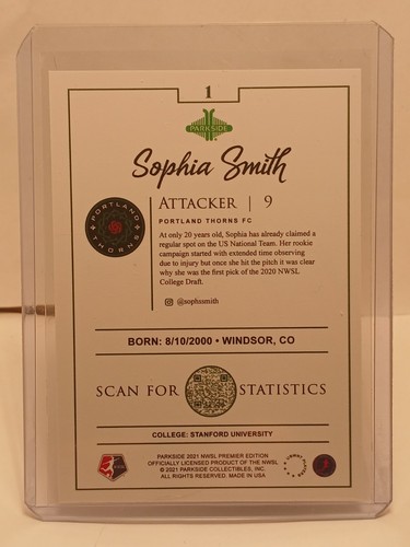 2021 Parkside NWSL #1 SOPHIA SMITH ROOKIE CARD Portland Thorns RC  - Picture 2 of 10