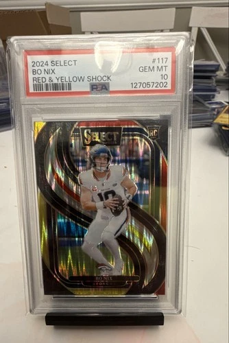 2024 Panini Select - Premier Level Bo Nix #117 Red & Yellow Shock Prizm (RC)