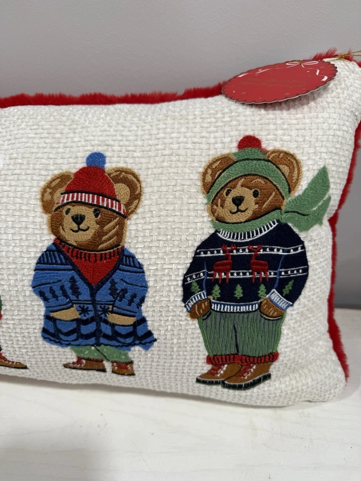 NEW Ralph Lauren Polo Bear Inspired Holiday Pillow Embroidered Teddy Bears 27x13 - Image 2 of 4