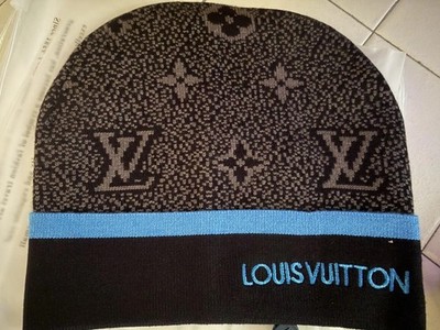 Louis Vuitton Monogram Logo Knit Wool Beanie Hat Black Gray Blue One Size
