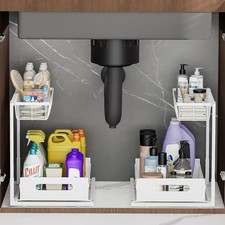 2 Pack Under Sink Organizer Metal 2 Tier Slide Out Kitchen Storage White