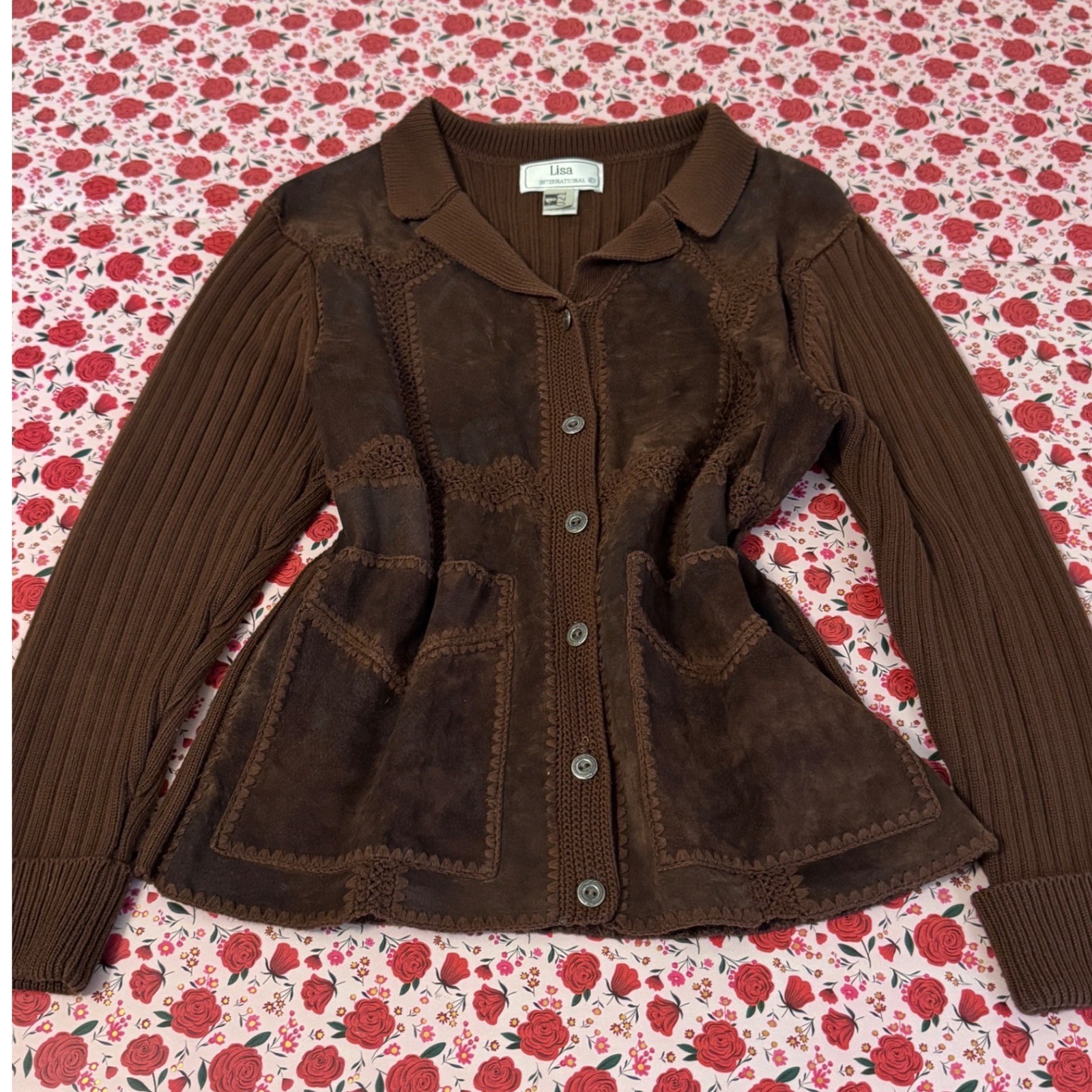 Lisa International Brown Suede Patchwork Ribbed K… - image 1