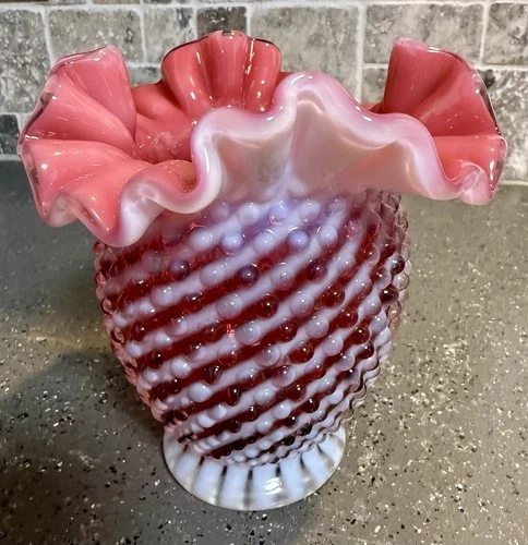 Vintage Fenton Cranberry Opalescent Hobnail 6”Double Crimped Vase