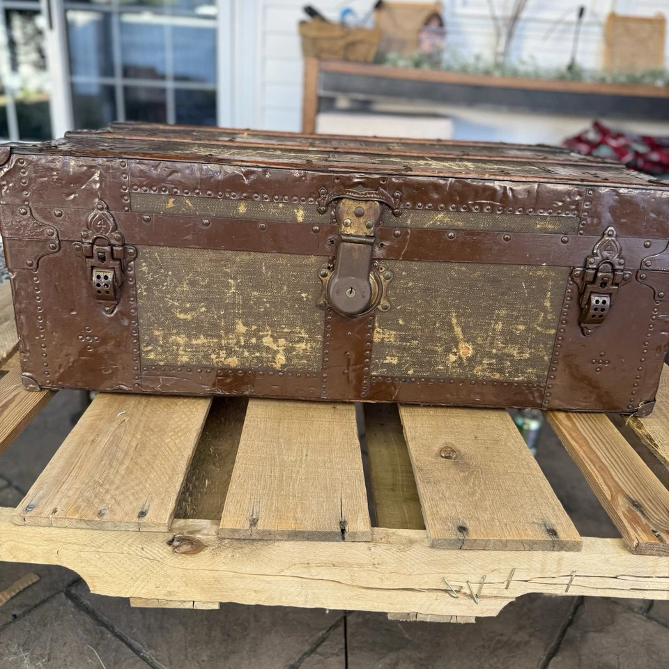 Antique Haskell Bros Chicago Steamer Trunk Wood Canvas Chest Rustic Decor - Image 4 of 4