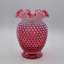 Vintage Fenton Cranberry Opalescent Hobnail 8" Double Crimped Vase