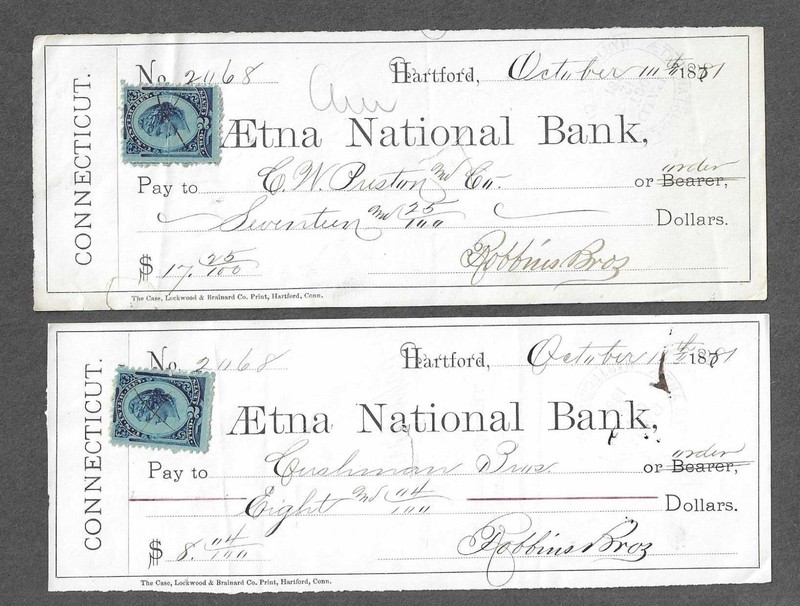 2 "Aetna" Bank Checks Hartford Connecticut 1881