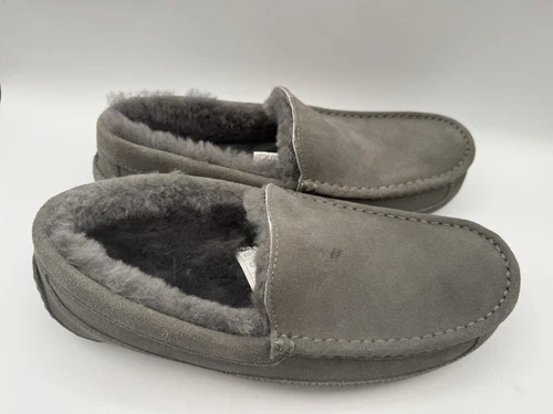 Chaussons mocassin homme signature Kirkland en peau de mouton et daim gris laine peluche douce