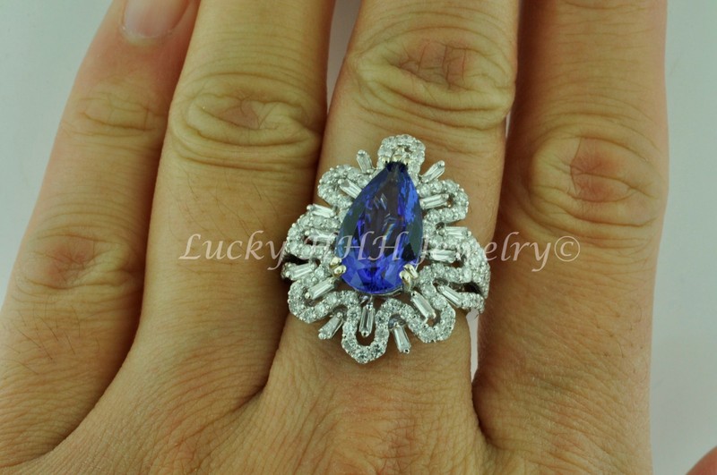 18k Solid White Gold Natural Diamond & AAAA Tanzanite Ring 7.29 ct pear shape