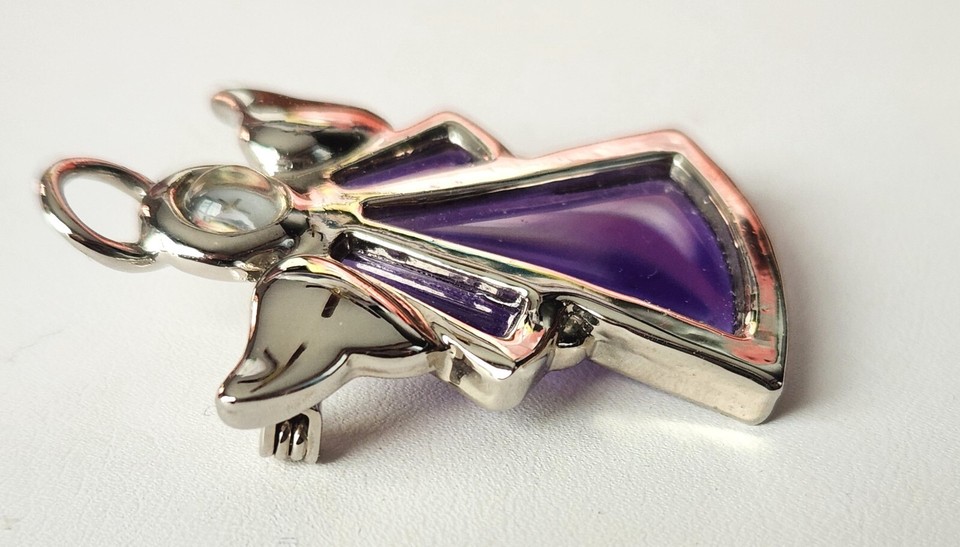 Stained Glass Christmas Angel Pin Brooch Purple Glass Silver Tone