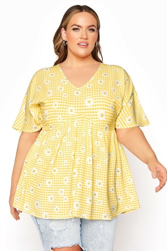 Yours Clothing LIMITED COLLECTION Kimono Oberteil Zitronengelb Gingham Blumenmuster UK 16