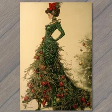 POSTCARD Green Victorian Dress Christmas Lady Holiday Elegance Festive Xmas