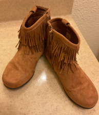 KOHL'S BRAND Girl's SZ 3 Tan Bootie Boot Side Zipper Fringe Western Design GUC