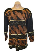 Native Nits Vintage 80s Black Tribal Print Beaded Funky Cotton Sweater sz M