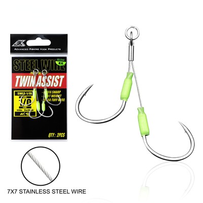 2 Pairs Steel Wire Jig Twin Assist Hooks Glow Saltwater Fishhook 1/0-5/0