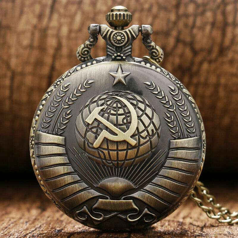 Vintage Soviet Hammer Sickle Quartz Pocket Watch Necklace Chain Unisex Gift