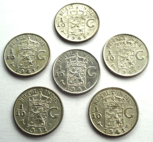 NETHERLANDS EAST INDIES 6 x 1/10 GULDEN1941 S Silver San Francisco Mint LL11.2