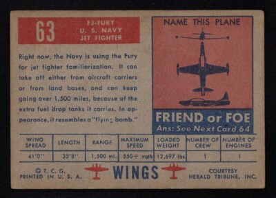 1952 Topps Wings #63 FJ Fury US Navy Jet Fighter EX *ae | eBay