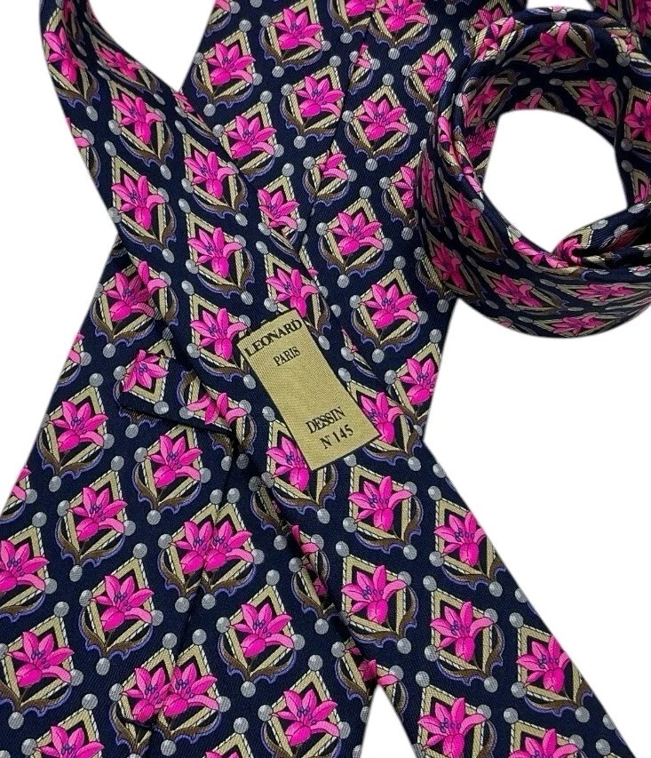 🆕Corbata LEONARD Azul Marino/Rosa Geométrica Floral Seda LUJO ITALIA Foto 4 de 4