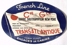 1930s French Line Transatlantique Cabin Class Havre New York Luggage Label 6"W