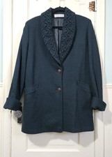 Vintage Julia Klein Wool Nylon Coat Jacket 11 12 Large Forest Green Crochet Neck