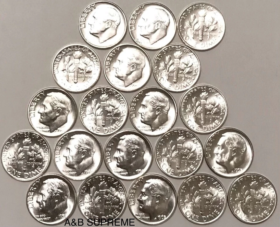 (20) десятицентовики с изображением Рузвельта из OBW Roll Estate 1946-1964 CH-GEM Bu не бывшие в обращении 90% серебра - Изображение 4 из 4