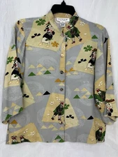 CITRON SANTA MONICA VTG SILK ASIAN PRINT 3/4 SLEEVE BUTTON BLOUSE, SIZE XS