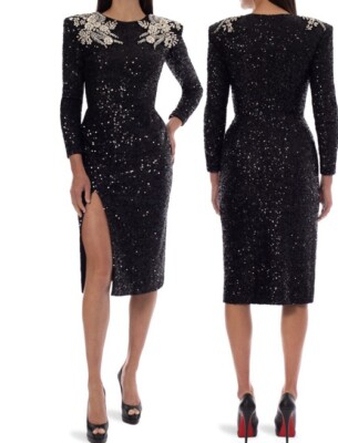 HELSI FRIDA FLORAL RHINESTONE SEQUIN MIDI DRESS IN BLACK NWT SMALL