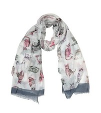 Ladies Womens Girls Multicolour Cat Print Fashion Neck Scarf Grey or Pink Edge