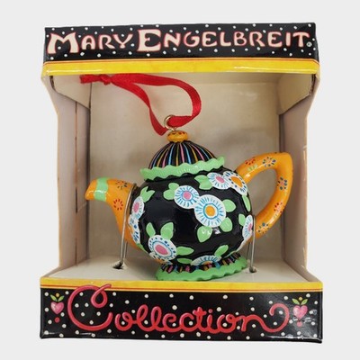 Mary Engelbreit Miniature Teapot Ornament Floral Black Orange Collection Boxed