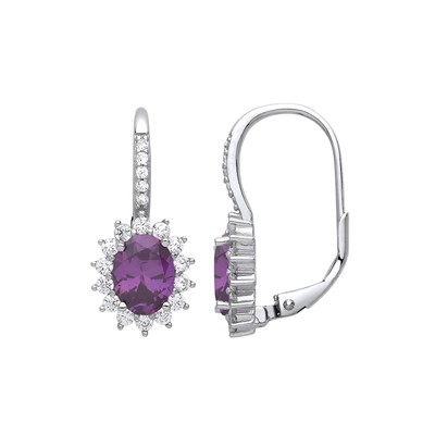 Silver Jewelco London Purple Oval CZ Classic Cluster Drop Earrings