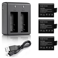 3 x 1050mAh Rechargeable Action Camera Battery with USB Dual Charger Compatible